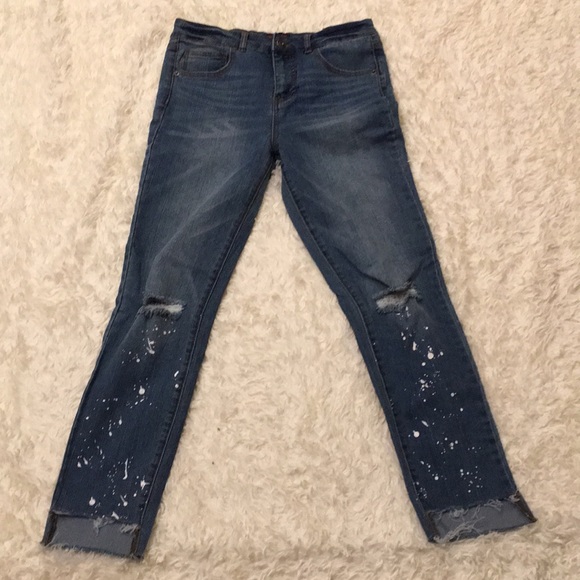 Material Girl Jeans Stair Ragged Hem Paint Spots L